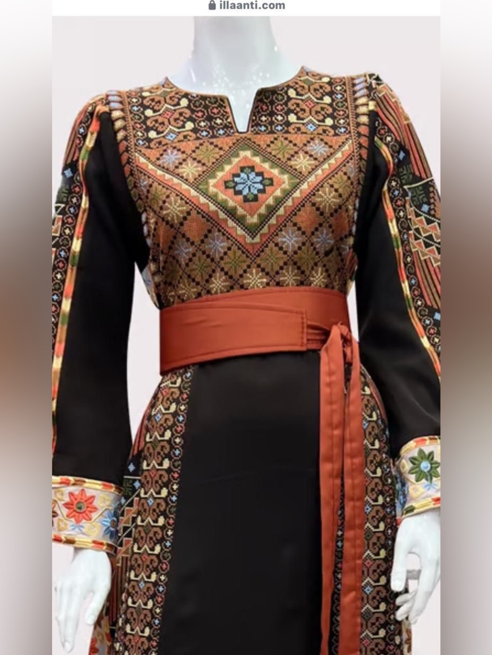 Embroidered Brown Maxi Dress with Rust Belt
